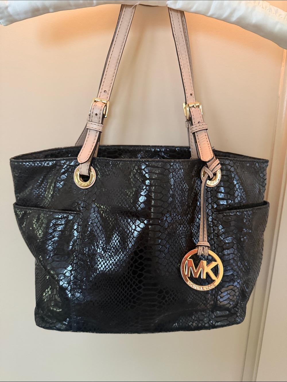 Michael Kors Black Python-Embossed Tote with Pale Pink Straps